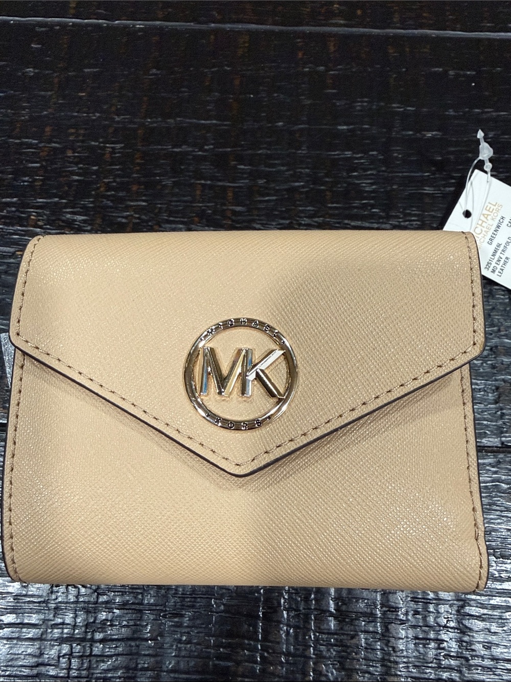 Michael Kors Tan Saffiano Leather Small Wallet with Gold MK Emblem
